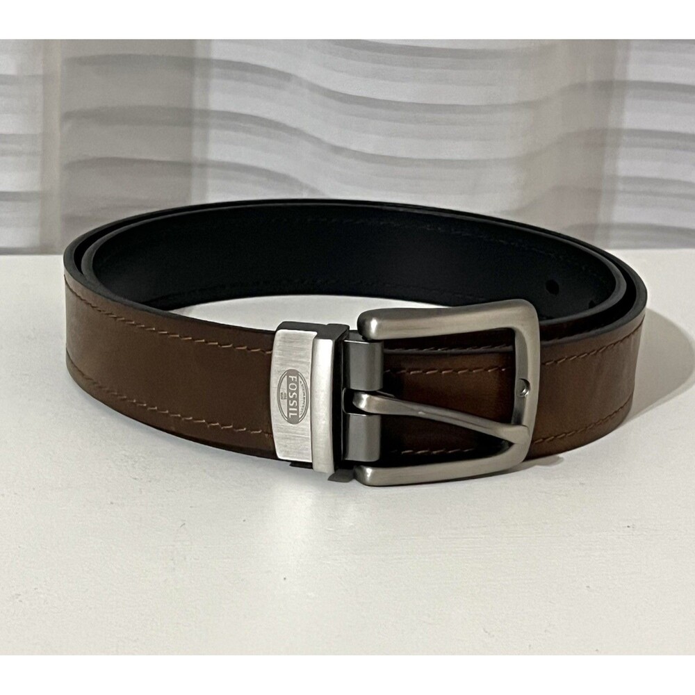 Fossil Reversible Leather Belt Twist Buckle Black Brown Sz 38 Business Casual